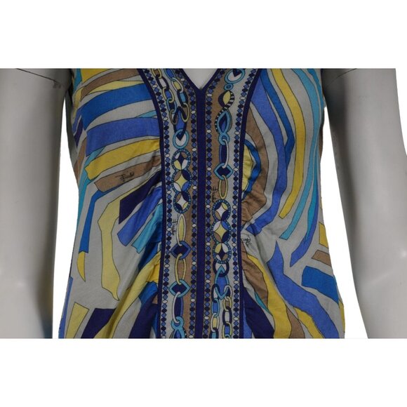 Emilio Pucci Women V Neck Tank Top Blue Yellow Mosaic Viscose Blend Shirt Blouse - Picture 5 of 8